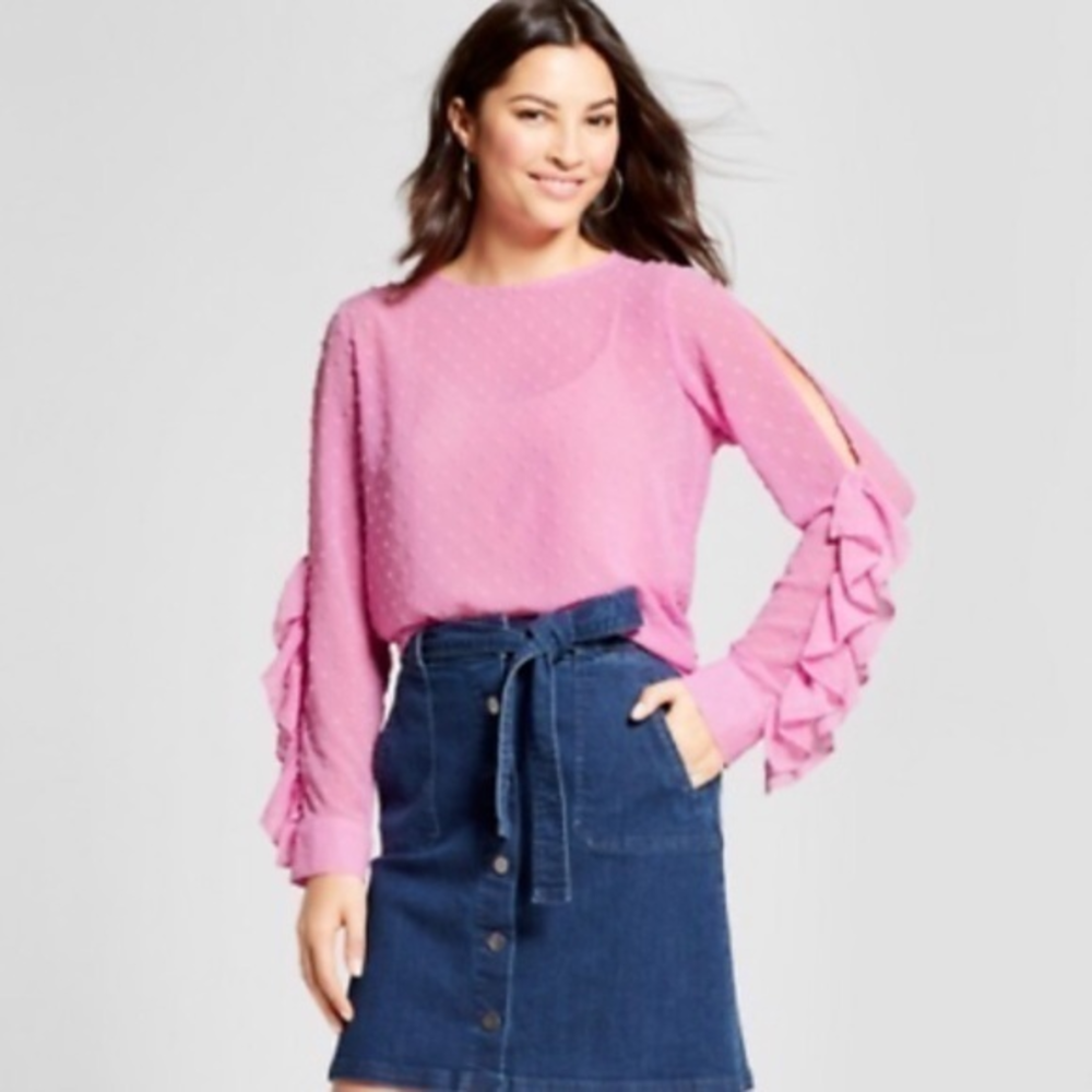Ruffle sleeve‎ Swiss dot pink blouse